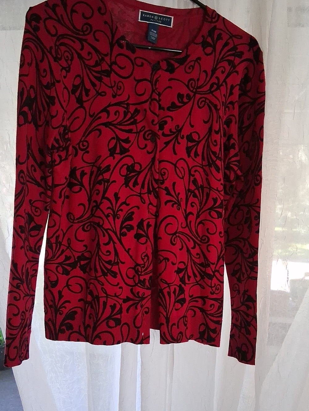 Karen Scott Red and Black Floral-Scroll Long Sleeve Cardigan